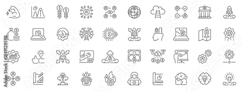 Efficiency icons set: editable line icons, linear workflow, productivity visuals