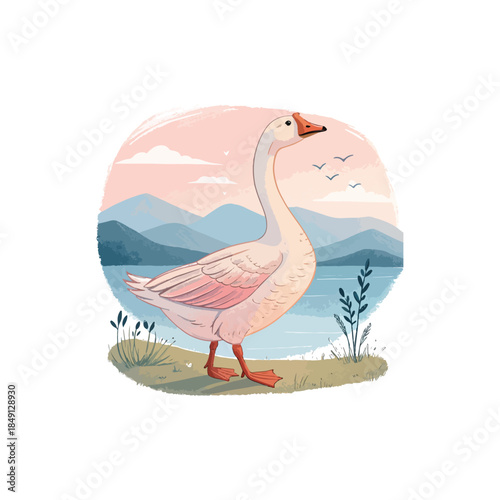 Majestic goose silhouette at sunset over tranquil lake with vibrant sky reflections