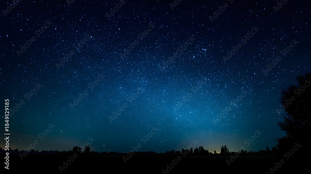Naklejka premium Vast Starry Night Sky Over Silhouetted Landscape.