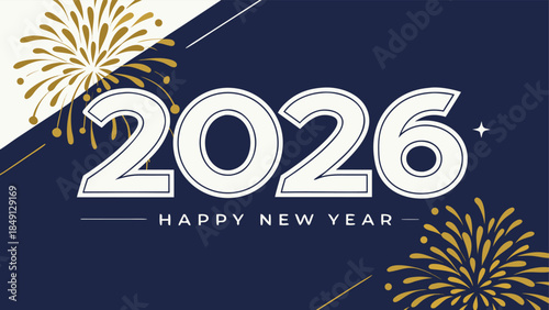 White 2026 numbers with vibrant fireworks, set against a navy background, perfect for a Happy New Year greeting card.
