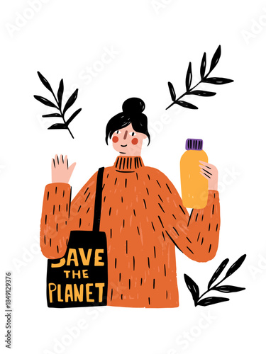 Woman holding a reusable bottle and bag with a message about saving the planet in a creative style