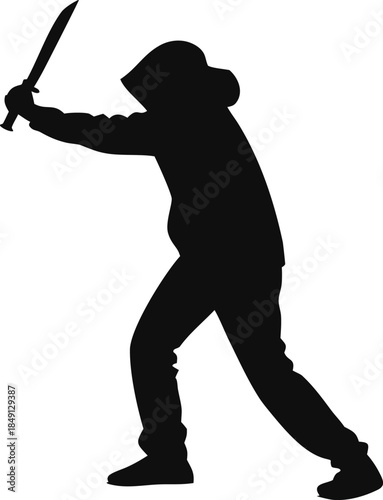Aggressive hooded figure silhouette brandishing a sharp blade, depicting a powerful and threatening stance, suitable for concepts of danger, crime, or confrontation