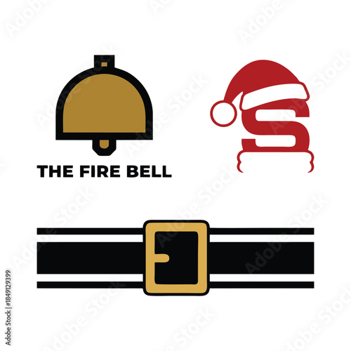 Christmas and Emergency Vector Collection: Fire Bell Logo, Santa Hat Letter S, and Santa Claus Belt Graphic