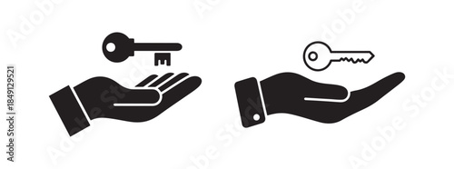 Hand offering or holding a key icon illustration symbolizing access, solution, and ownership