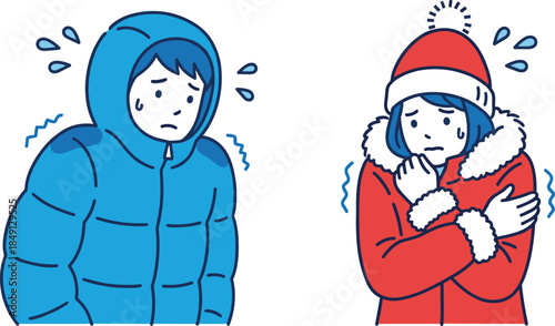 Shivering people in winter clothing, blue puffer red coat fur trim, cold discomfort expression, flat vector illustration