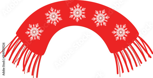 Red scarf with snowflakes, winter accessory, festive fashion item, cozy seasonal wear, holiday clothing detail, flat vector illustration