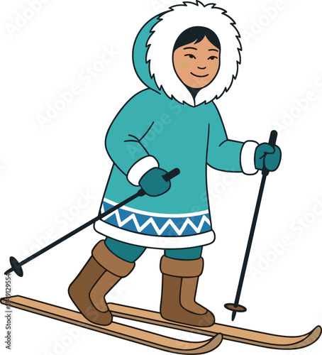 Skiing person in teal parka with fur hood, winter motion pose, ski poles boots zigzag trim, flat vector illustration