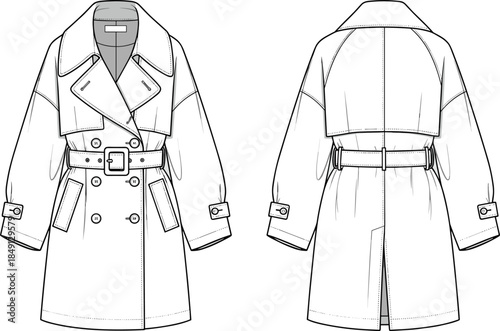 Trench coat technical sketch, front back view, double-breasted design, belted waist, fashion flat drawing, garment construction, flat vector illustration