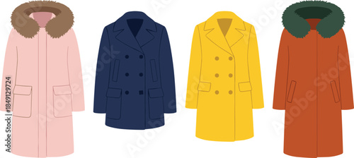 Winter coat collection in pink navy yellow rust, fur hood double-breasted styles, seasonal fashion set, flat vector illustration