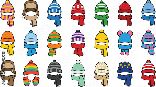 Winter hat scarf grid set, 25 combinations with patterns stripes stars snowflakes earmuffs mittens, flat vector illustration