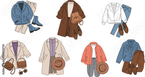 Winter outfit flat lay collection, coats jackets shirts pants shoes bags hats sunglasses, seasonal fashion ensemble, flat vector illustration