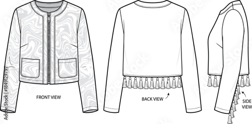 Women jacket technical sketch, front back side view, fringe hem, zipper pockets trim detail, fashion flat drawing, flat vector illustration
