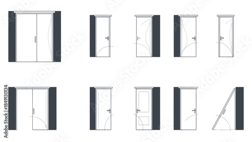 Detailed Architectural Door Plan Symbols Vector Set: Single, Double, Sliding, Bifold, and Pivot Door Types for Floor Plans and Interior Design Projects
