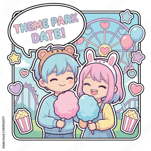 A cute kawaii sticker of a happy couple on a theme park date holding cotton candy in front of a Ferris wheel