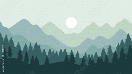 Mountains Green Panorama Forest Mountain Range Landscape Twilight Camping Nature Silhouette Vector Illustration.Vector Background