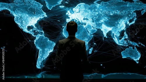 Businessman Looking at Digital World Map with Global Network Connections