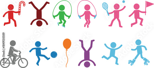Large set of colorful stylized children silhouettes engaged in various activities like jumping rope soccer biking and skating on white background