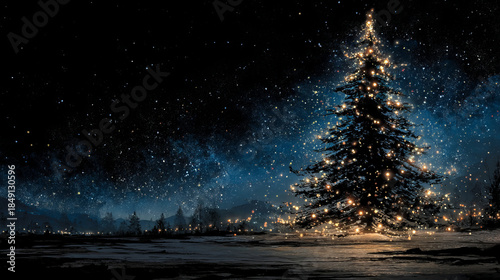 Christmas fir tree card. Fantasy fairy tale. New Year eve