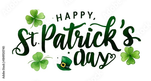 Happy st patrick s day watercolor lettering with shamrocks and a leprechaun hat