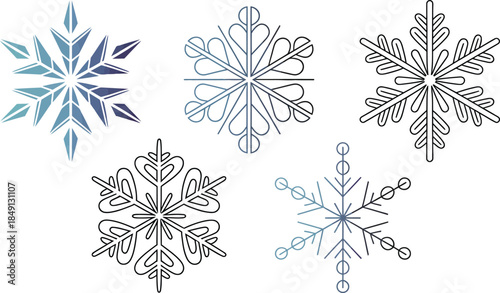 Set of stylized snowflakes on transparent background for winter design decoration and winter holidays celebration