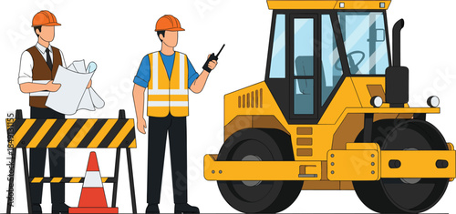 Road construction workers with steamroller and safety barriers, asphalt compaction and infrastructure development cartoon vector illustration