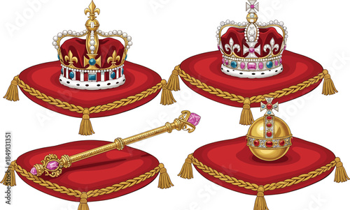 Royal crown and regalia set with scepter and orb on velvet cushions, monarchy authority symbols vector illustration
