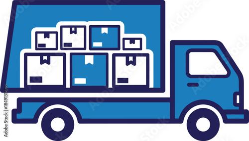 Outline of delivery truck with package boxes, logistics service solid blue fill accents, business commerce vector illustration icon