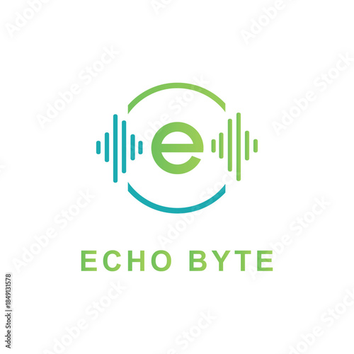 Modern Echo Byte logo featuring letter E with audio wave sound bars. Perfect for music streaming, podcasts, audio technology, digital media, and sound engineering brands