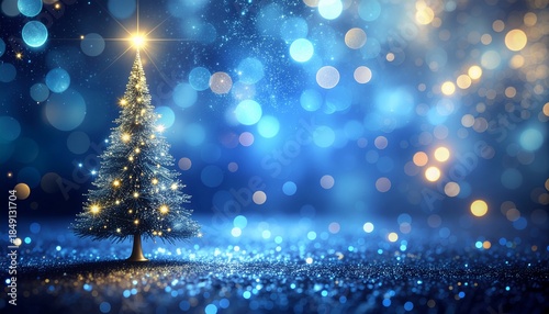 Niebieskie tło świąteczne ze świecącą choinką