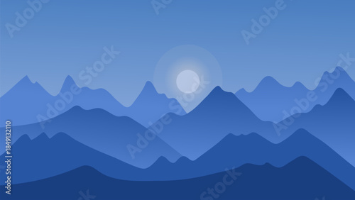 Mountains Landscape Background Illustration Layered Blue Monochromatic Scenery.Vector Illustration