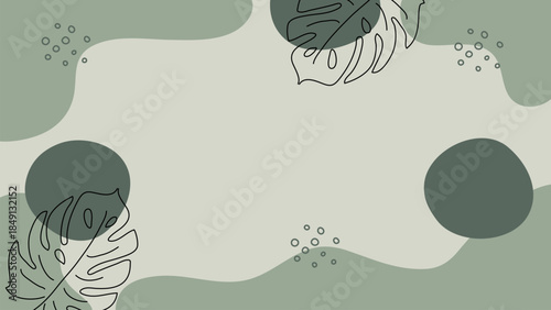 Botanical Monstera Leaves Linen Green Bohemian Contemporary Banner.Vector Illustration