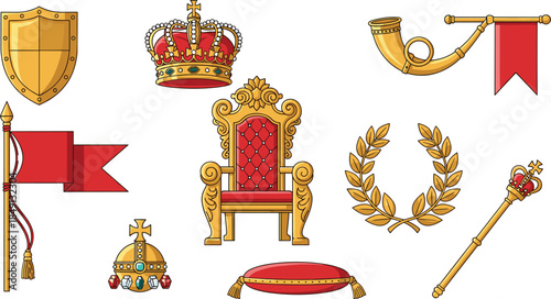 Royal regalia collection with crown throne scepter shield banners and laurel wreath, monarchy symbols vector illustration