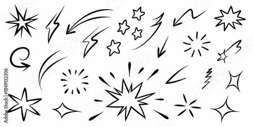Collection of hand drawn black and white explosion star and sparkle effects