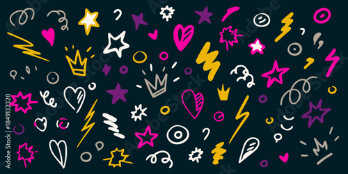 Colorful hand drawn doodle elements scattered across a dark background