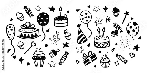 A delightful collection of black and white birthday party doodles and elements
