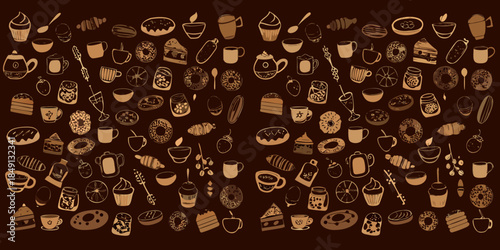 A delightful collection of hand drawn coffee pastries and sweet treats