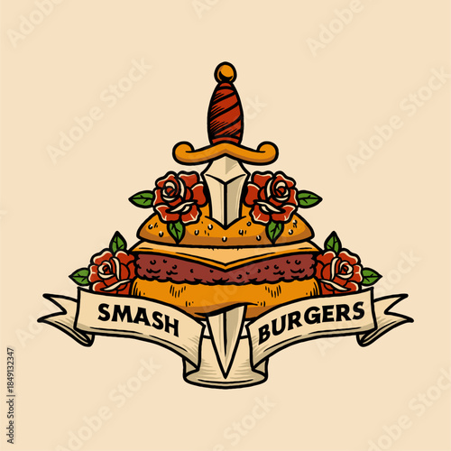Smash Burgers Oldschool American Tattoo Vector Illustration