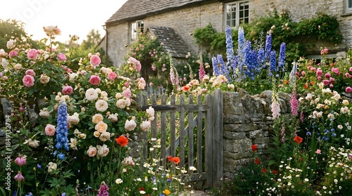 Charming english country cottage garden in full bloom with stone wall and wooden gate