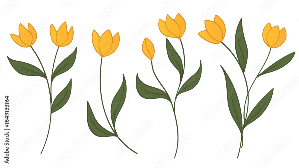 custom made wallpaper toronto digitalCollection of five unique hand-drawn style illustrations featuring bright yellow tulip blossoms on long stems with dark green leaves.