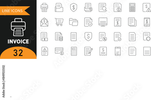 A set of 32 minimalist line icons focused on invoicing, financial transactions, and document management. Perfect for accounting software interfaces, e-commerce checkout pages, and business reports.
