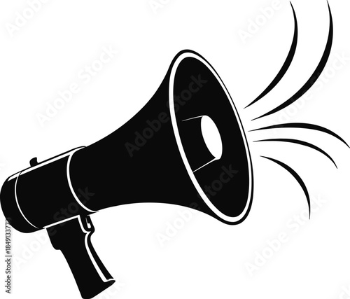 Black megaphone bullhorn speaker for announcement or promotion design isolated on transparent background voice volume sound broadcasting