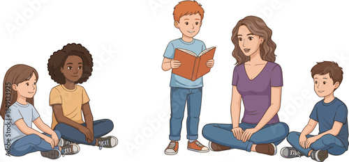 Teacher reading book to children sitting in circle, classroom storytelling and early education learning cartoon vector illustration