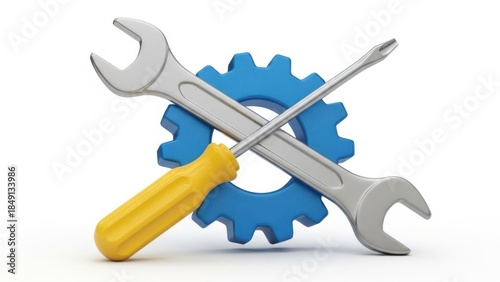 A conceptual representation of repair, maintenance, and technical support using tools and a gear symbol