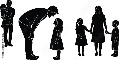 Adult and child interaction icon set, black silhouette illustration of care, communication, and guidance concept graphic