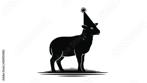 Black silhouette of a lamb wearing a party hat