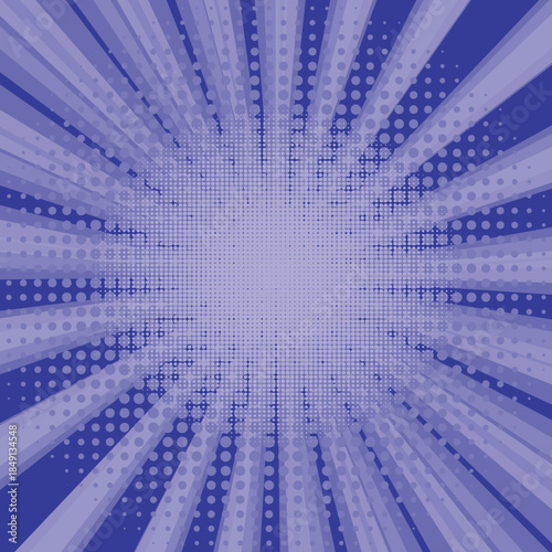 Comic book halftone background. Blue sun pop art retro rays background.