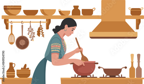 Woman stirring food in pot on stove in a rustic kitchen with shelves of pottery, home cooking scene.