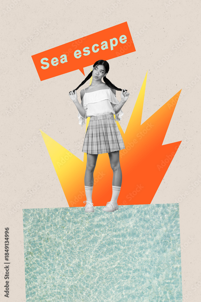 Naklejka premium Sketch template design 3D collage composite of young woman sexy outfit student uniform stand hold tail sea escape vacation summer tourist