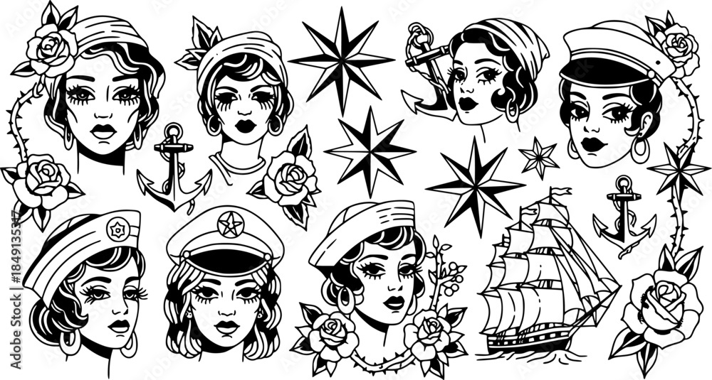 Fototapeta premium Illustration of vintage tattoo flash sheet with women, stars, ship, anchors and roses in old school style 