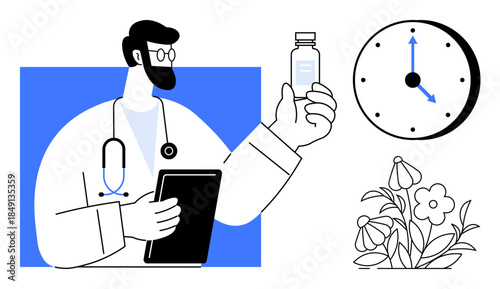 Healthcare, medication management, holistic wellness, time management, medical consultation, healing practices. A doctor examines medicine with a clock and flowers. Healthcare and medication